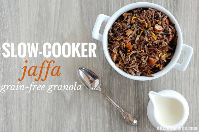 jaffa grain-free granola in a bowl with milk on the side