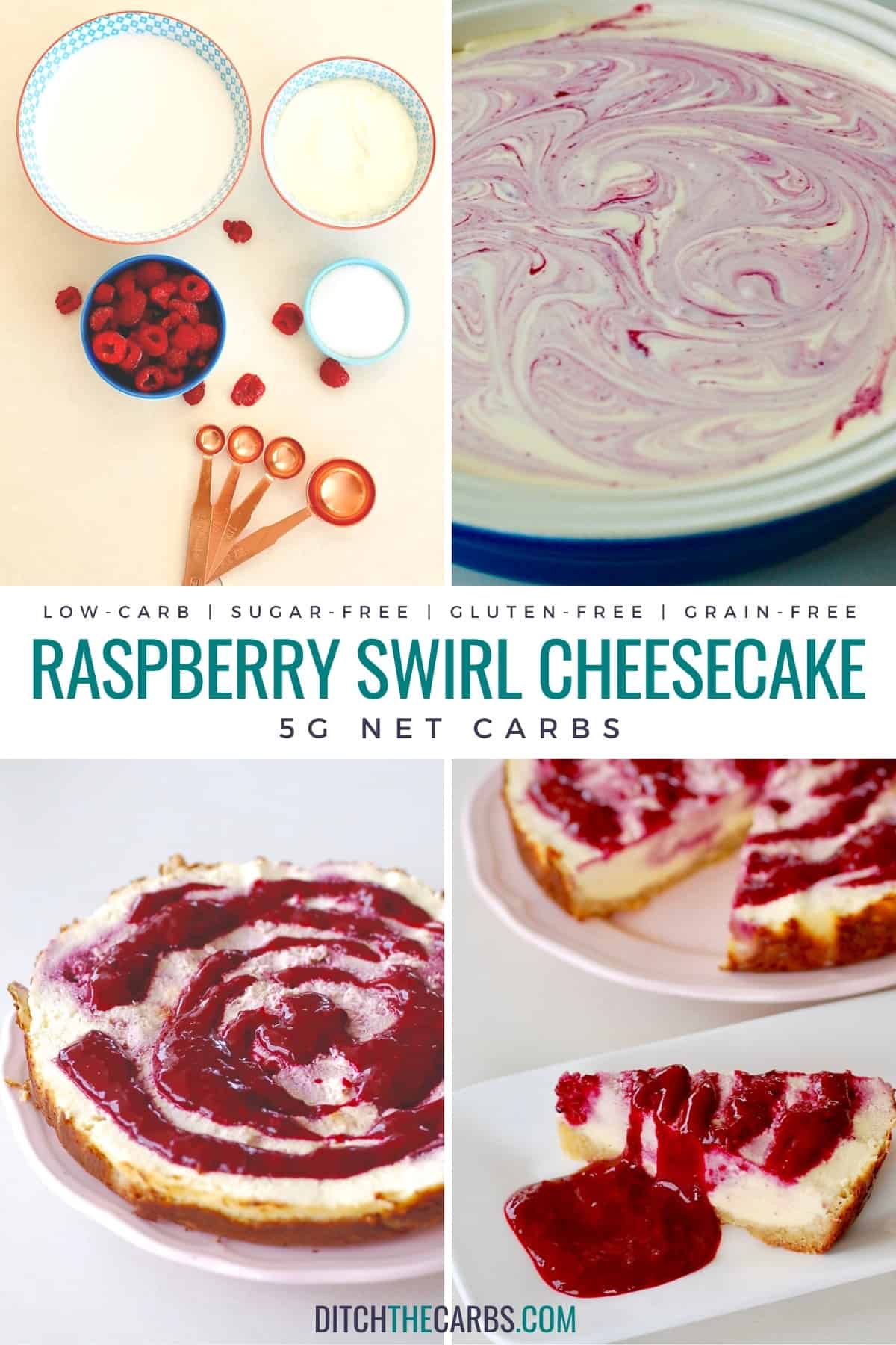 4 photos of the process from the ingredients to the final raspberry swirl cheesecake