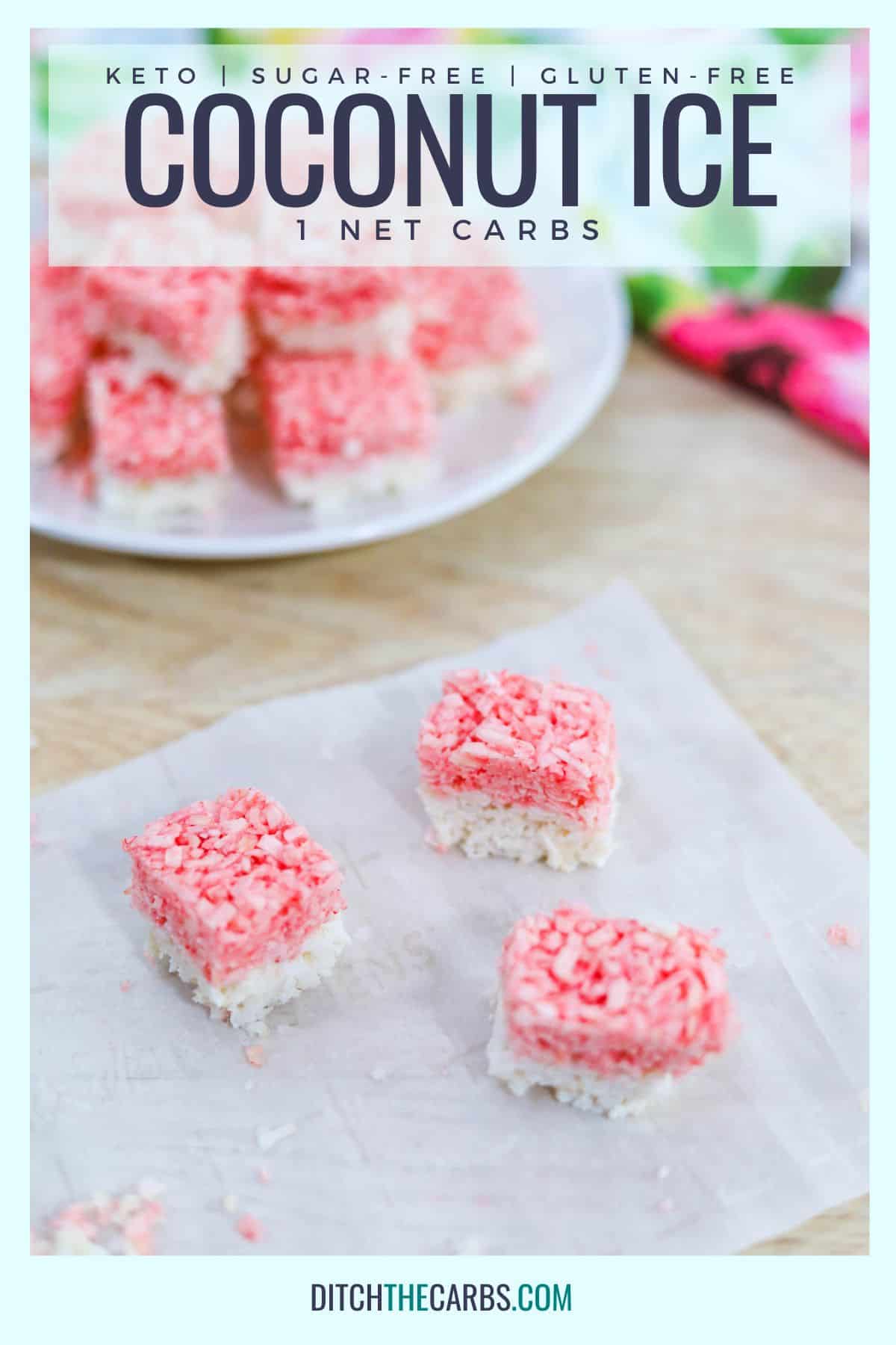 3 pieces of pink and white coconut ice on baking paper