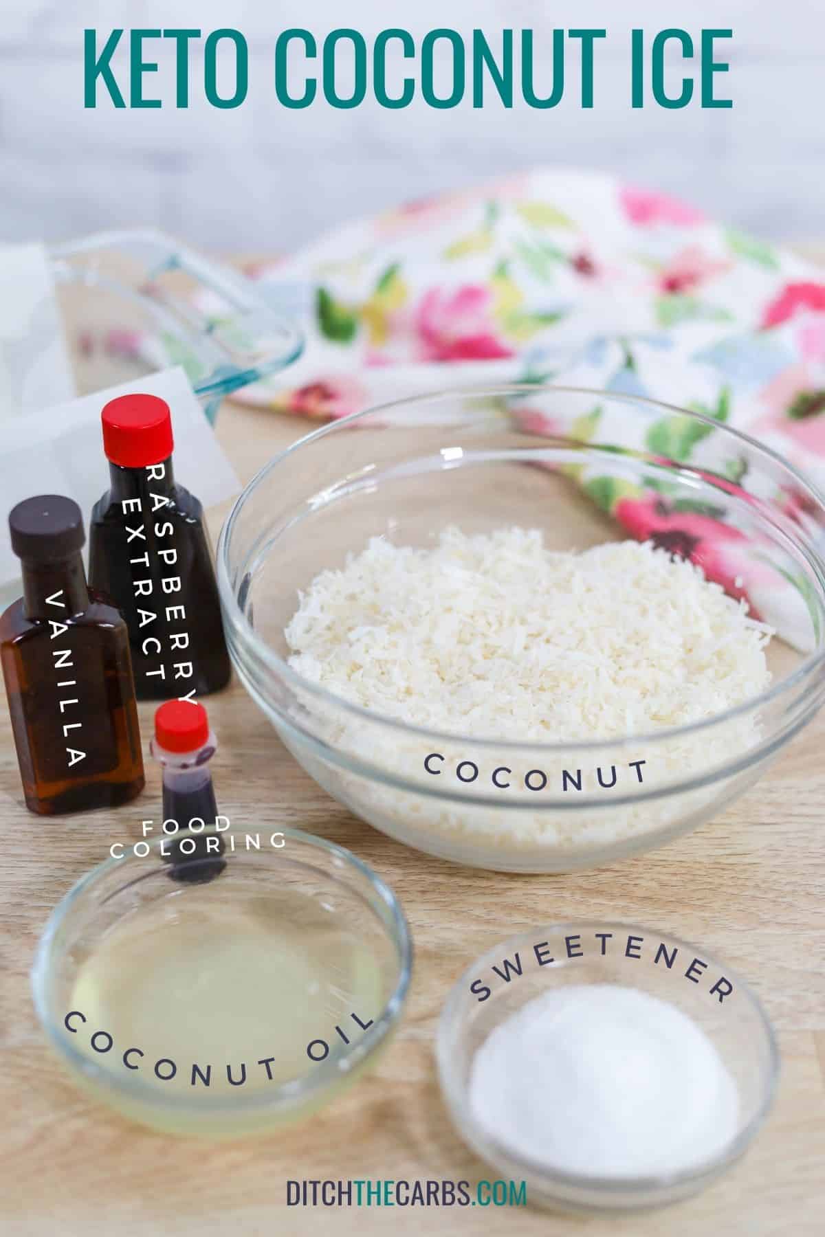 labelled ingredients to make keto coconut ice