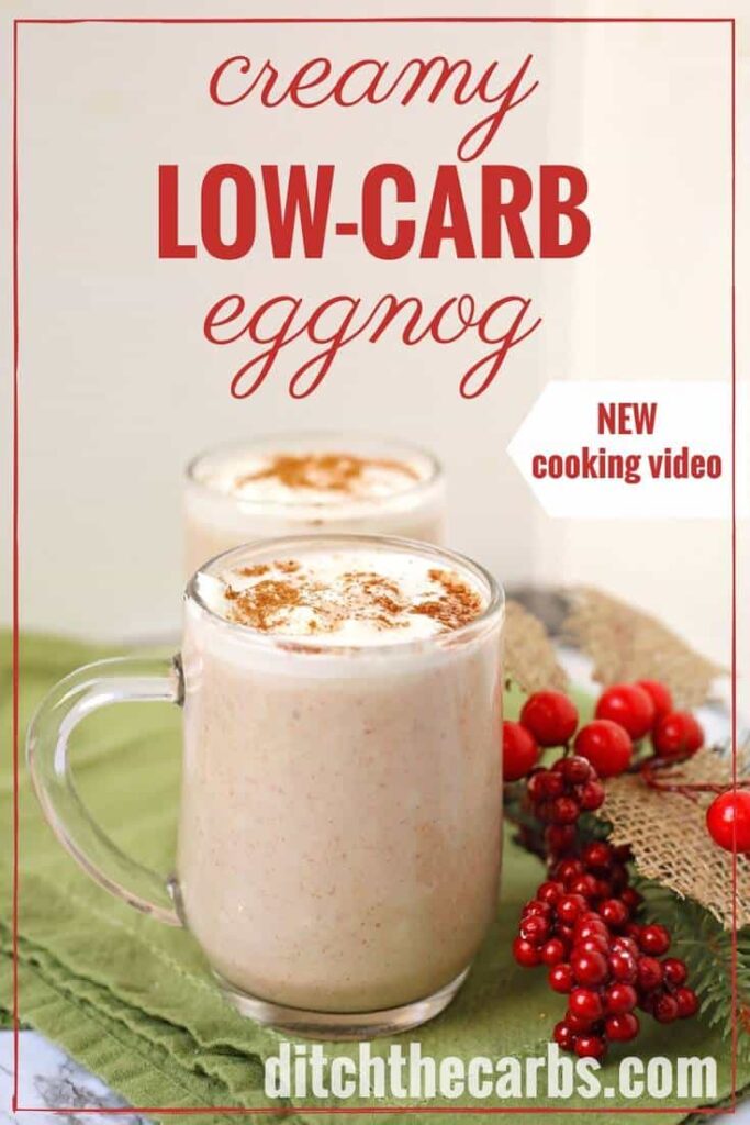 Creamy low-carb eggnog served in two glass coffee mugs garnished with nutmeg