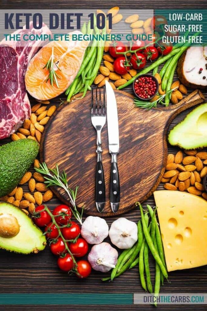 A wooden chopping board surrounded with different types of food suitable for the ketogenic diet  