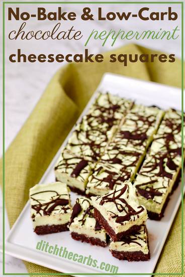 No bake chocolate peppermint cheesecake cut into squares