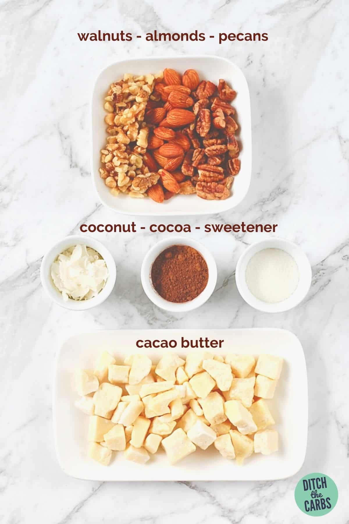 labelled ingredients to make homemade dairy-free chocolate