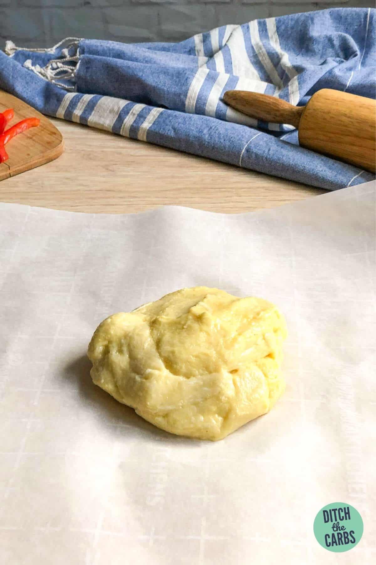 mozzarella dough ball on a baking tray