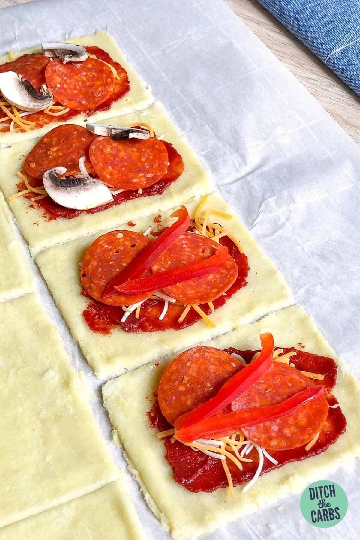 hot pocket pizza pockets with fillings on a baking tray
