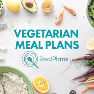 Meal plans logo surrounded by healthy avocados lemons and vegetables