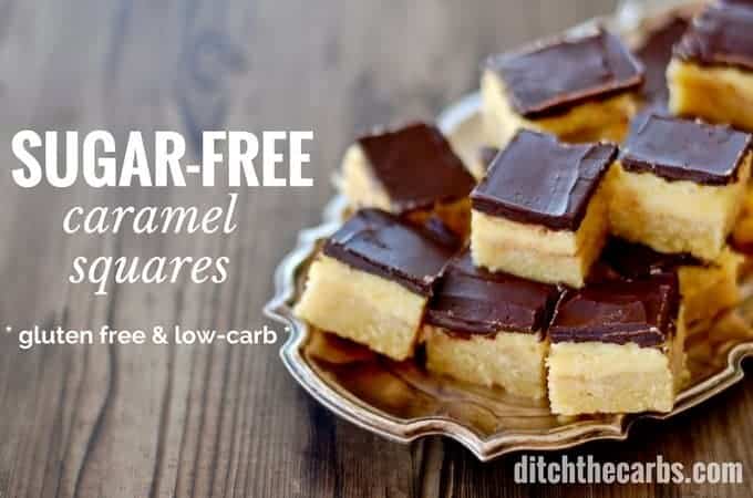 sugar-free caramel squares served sliced on a silver dish