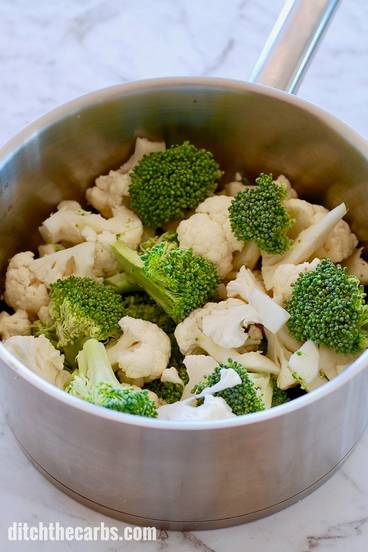 A bowl of food with broccoli bacon and cauliflower salad