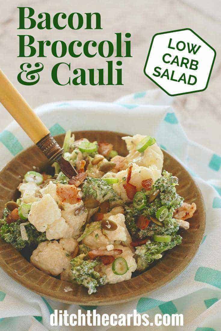 Low carb bacon and broccoli cauliflower salad drizzled with creamy saurces