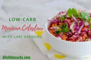 Colourful low-carb Mexican coleslaw with a lime dressing in a white dish