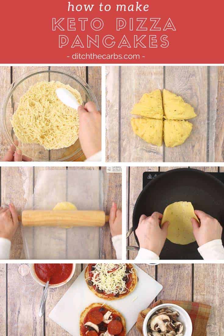 Images showing how to make keto pizza pancakes with mozzarella dough