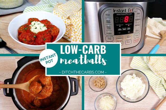Collage of images showing low carb meatballs ingredients and instant pot