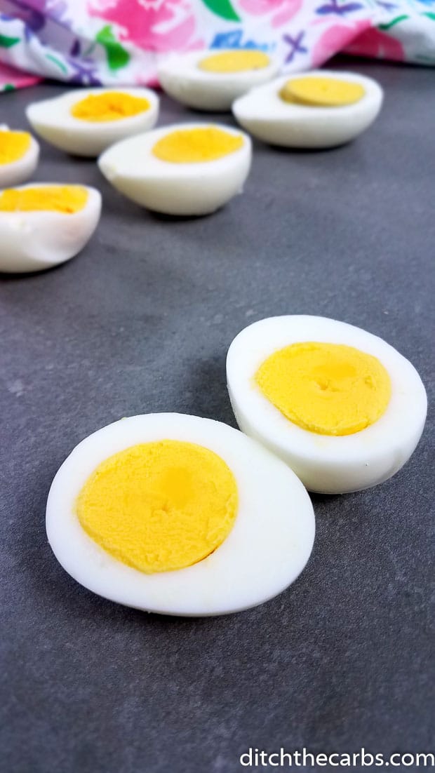 Boiled eggs on a kitchen bench