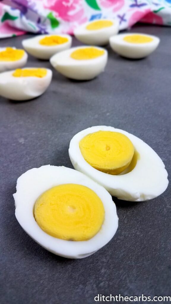 A close up of boiled eggs