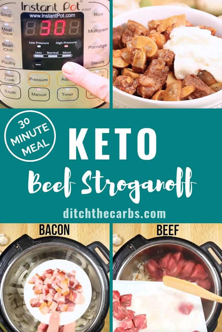 Collage of images showing step by step how to make keto beef stroganoff in the Instant Pot 