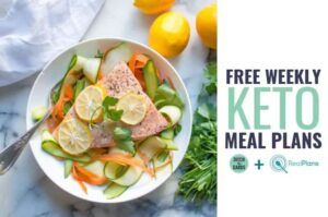 Free keto weekly meal plan showing a salmon steak