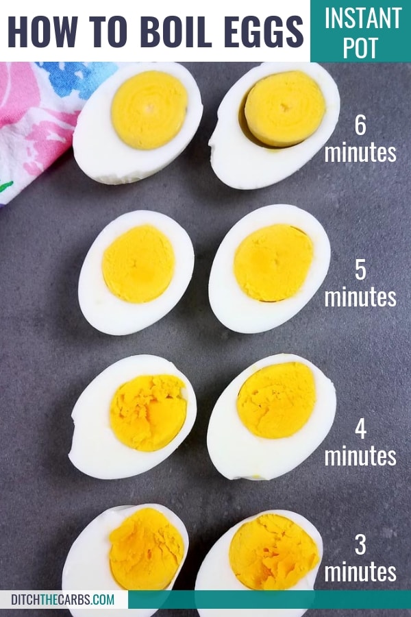 A selection of different eggs cooked for different times in the Instant Pot and their cooking times