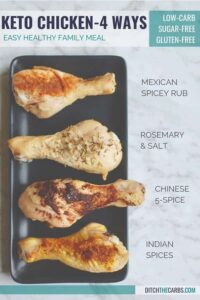 For chicken drumsticks sitting on a black plate four different toppings