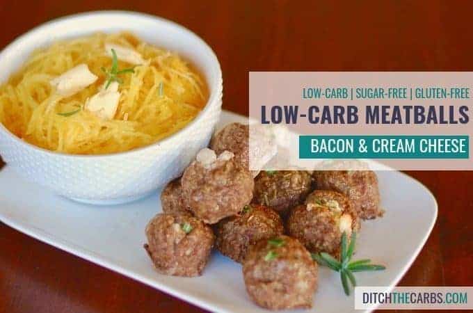A plate of low carb meatballs served with spaghetti squash and melted butter