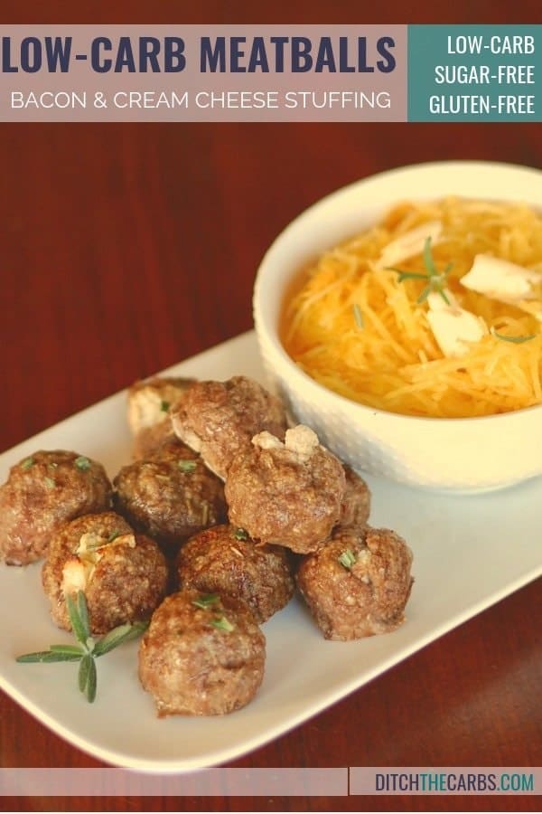 A plate of cream cheese and bacon stuffed meatballs soup with spaghetti squash and butter