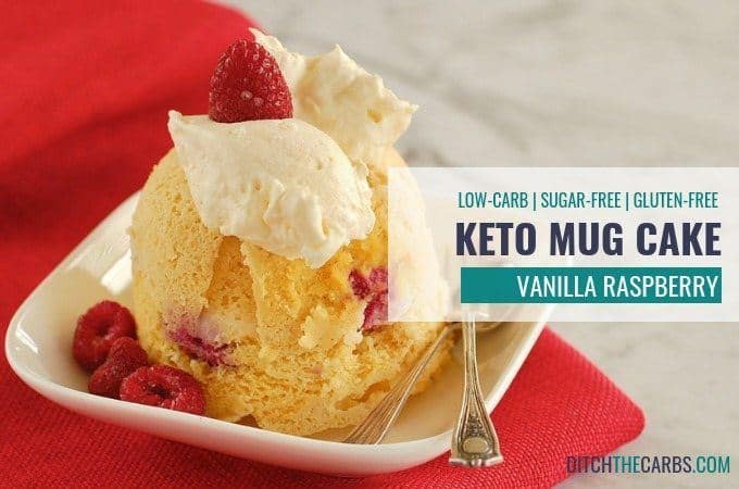 keto vanilla berry mug cake served on a plate with folded red napkin 