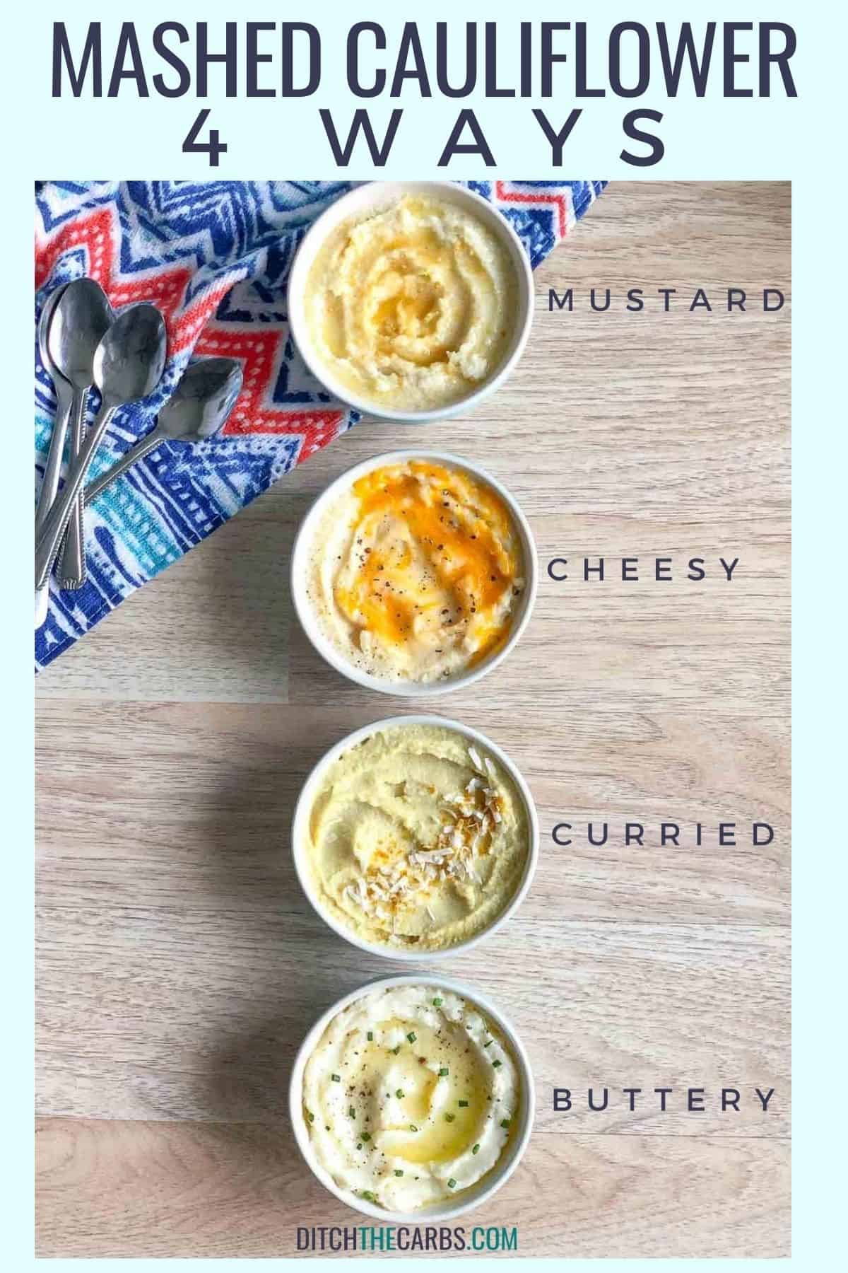 four pots of mashed cauliflower with different flavours