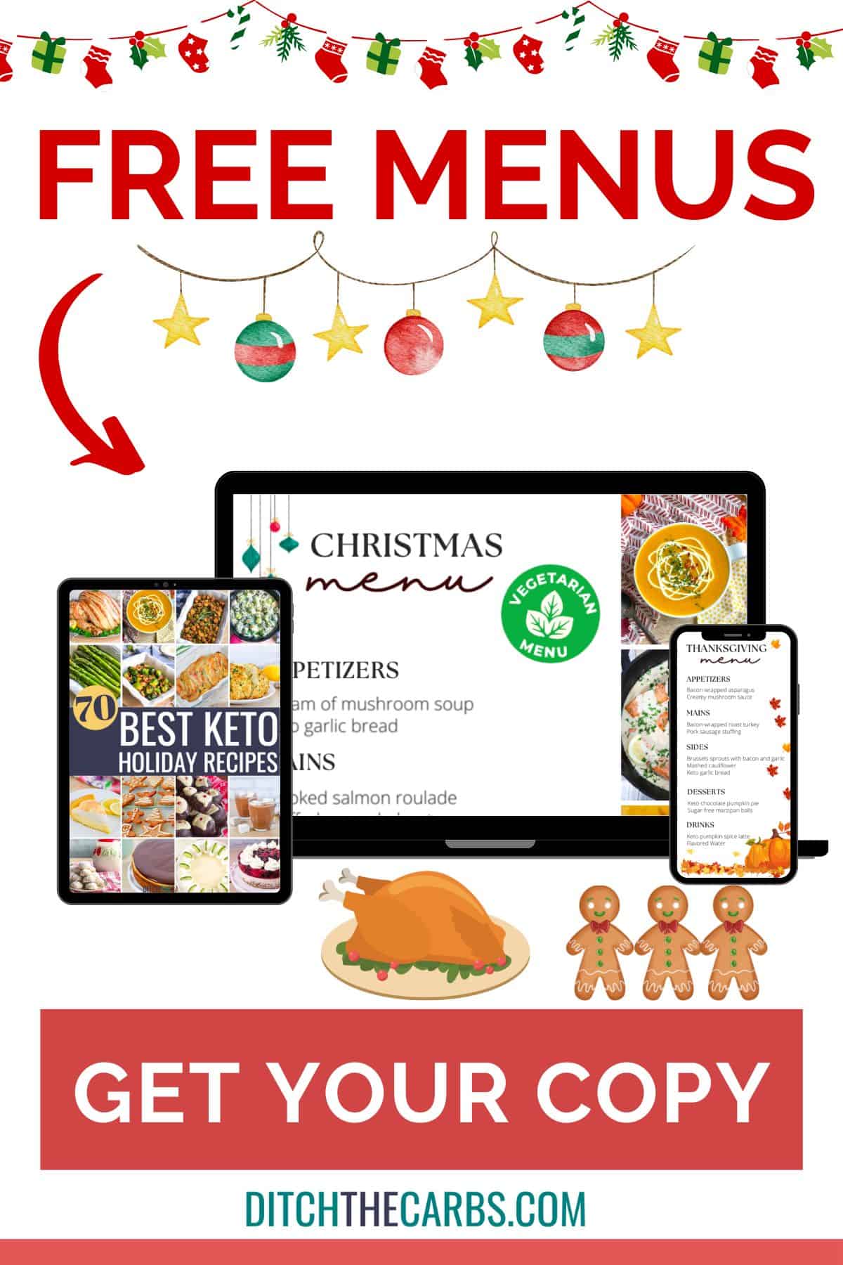 mockups of free keto Thanksgiving recipes and keto Christmas meal plans