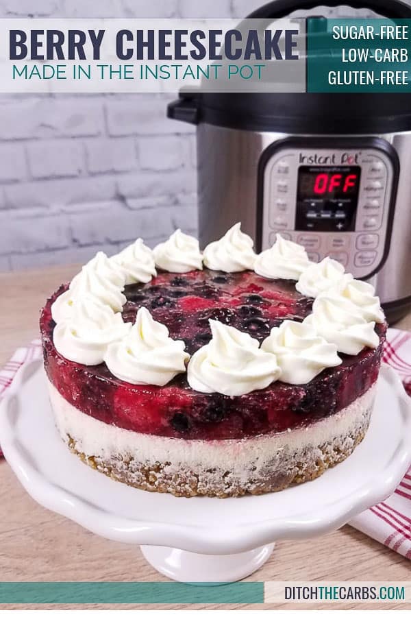 berry cheesecake cooked and sitting in front of an Instant Pot
