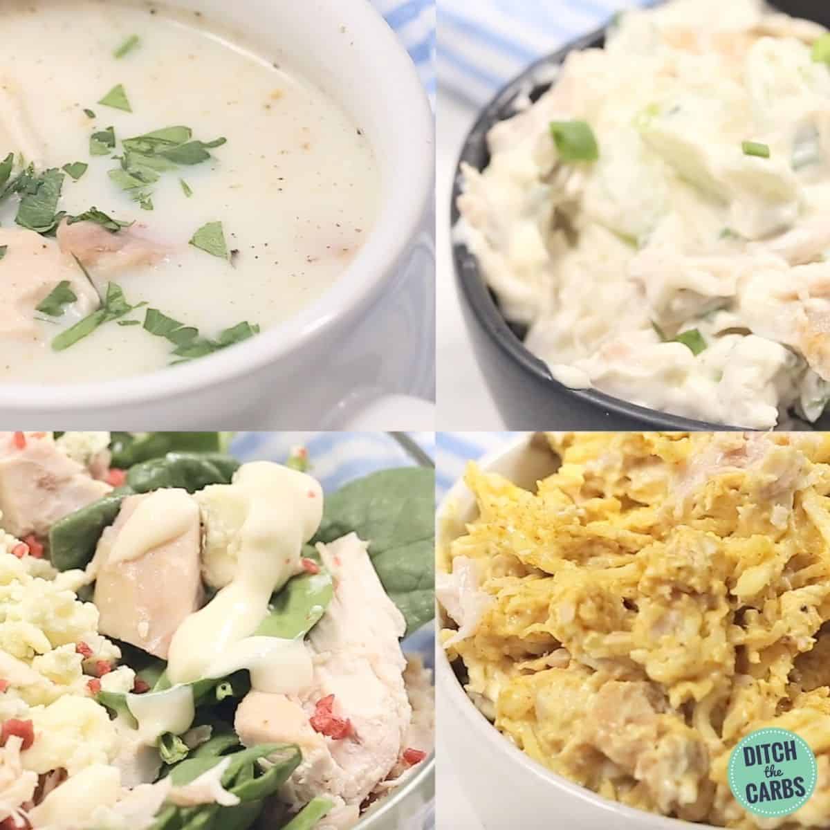 4 lazy keto chicken meals served in four different bowls