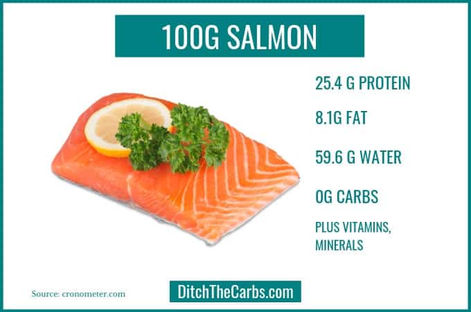 Graphic showing a piece of salmon and how much fat protein and carbs it contains