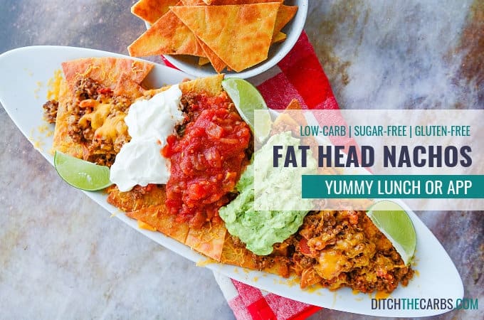 keto copycat recipes for nachos in a white long serving dish with guacamoles and cream cheese