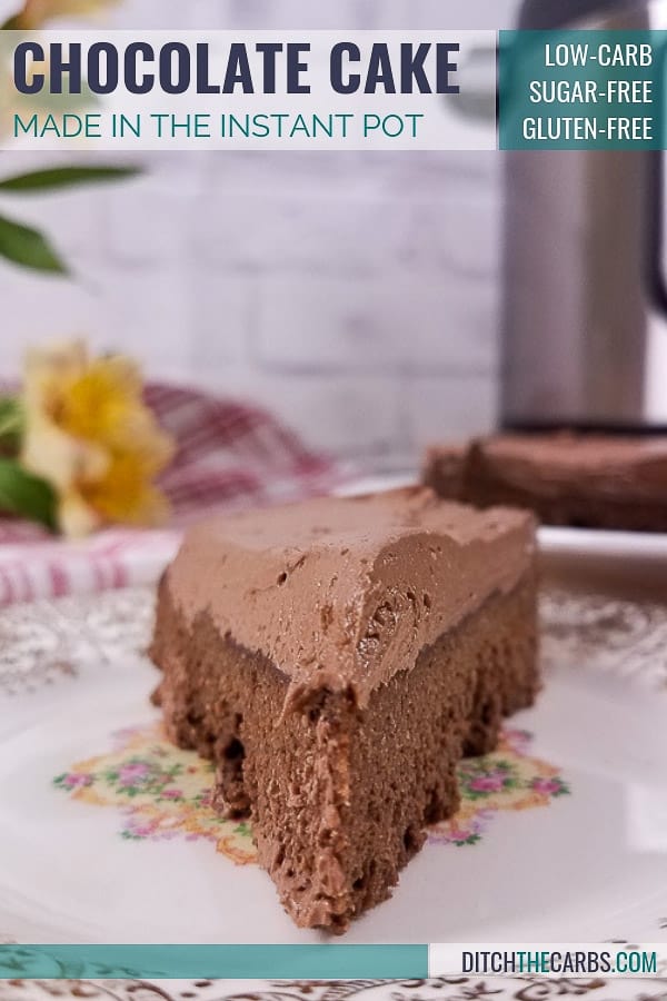 Low-carb Instant Pot chocolate cake sliced and served with frosting