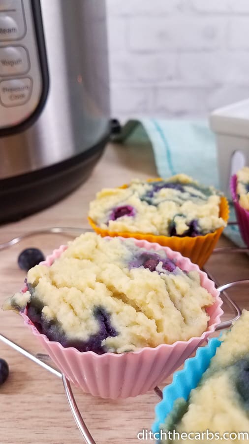 Sugar-free Blueberry muffin mixture poured into silicon cupcake cases about to be cooked in the instant pot
