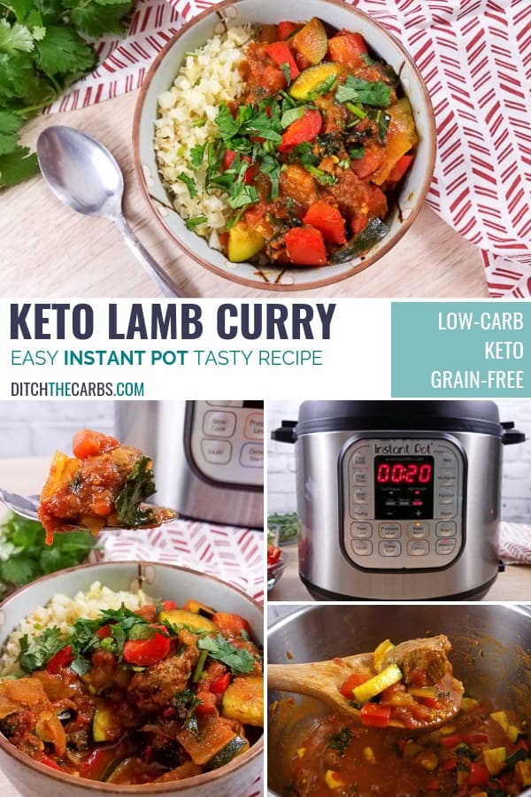 Various images of how to make keto lamb curry in the instant pot with cauliflower rice