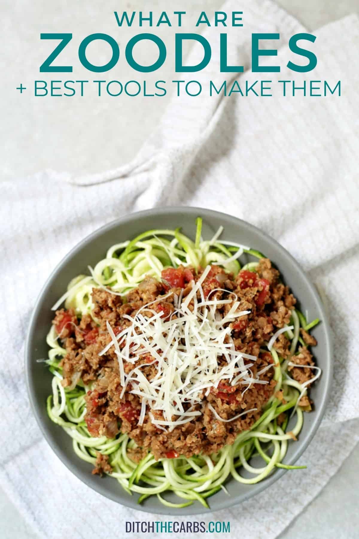 zucchini noodles or zoodles with bolognese sauce in a bowl