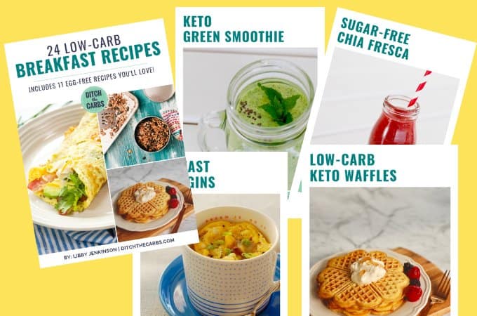 The best low-carb breakfast recipes cookbook pages mockup on a yellow background