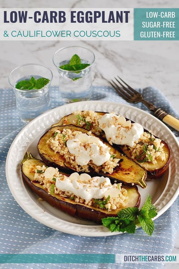 A plate of baked eggplant with sour cream and with cauliflower couscous