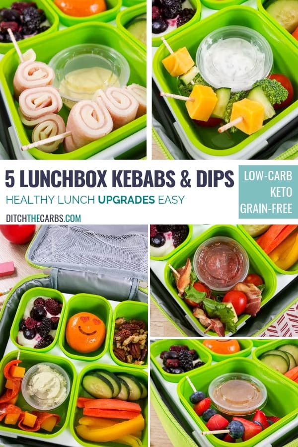 A plastic container filled with different types of food, with Lunchbox and Kebabs