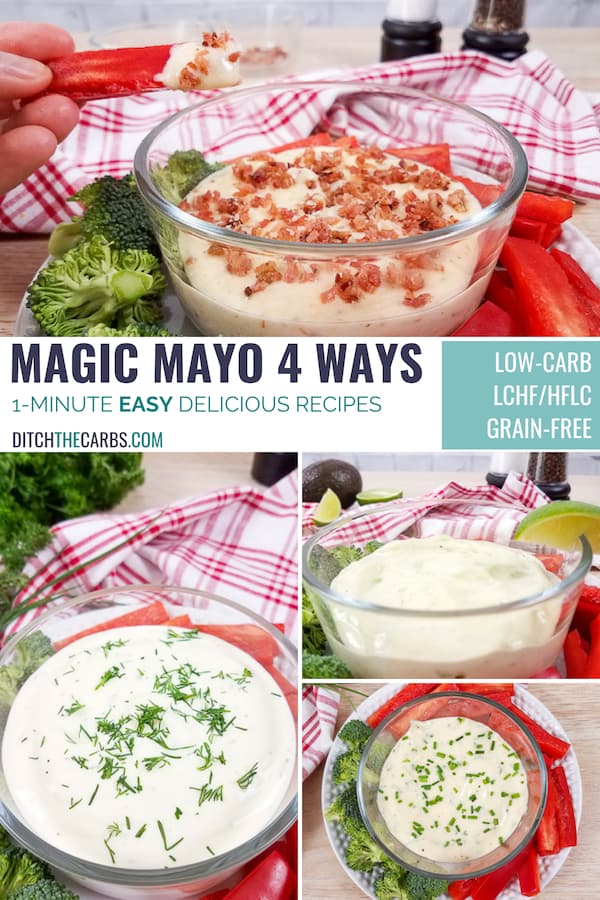 Collage of how to use home made mayonnaise 4 ways and 4 flavours