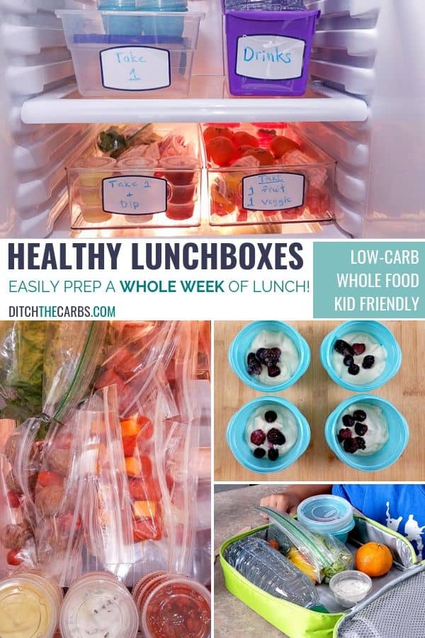 Collage of various healthy lunchbox recipes and ideas