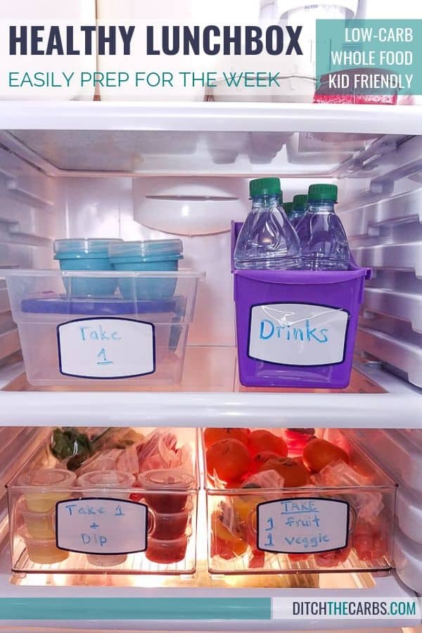 Inside a refrigerator with various lunchbox prep containers ready for the school week ahead  