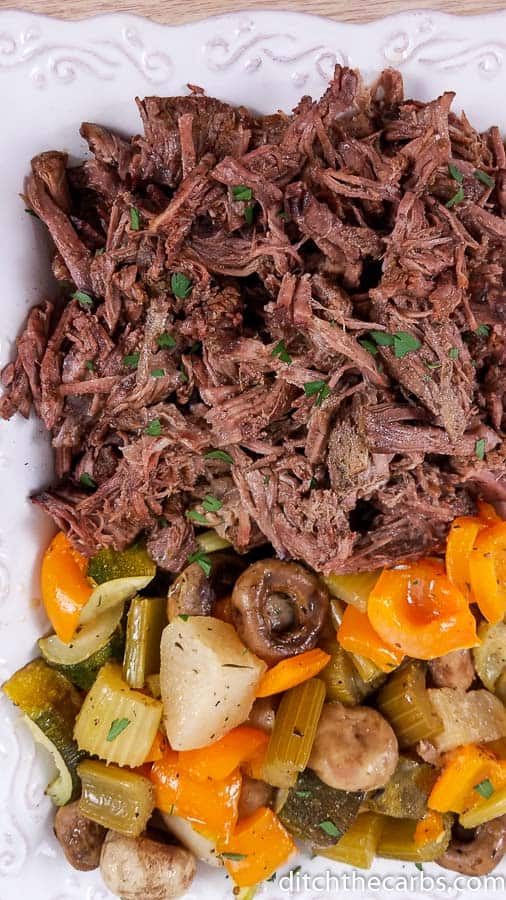 A plate of keto pot roast made in the Instant Pot