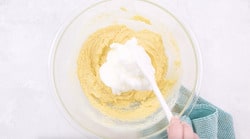 Mixing bowl with egg whites folded into waffle mixture