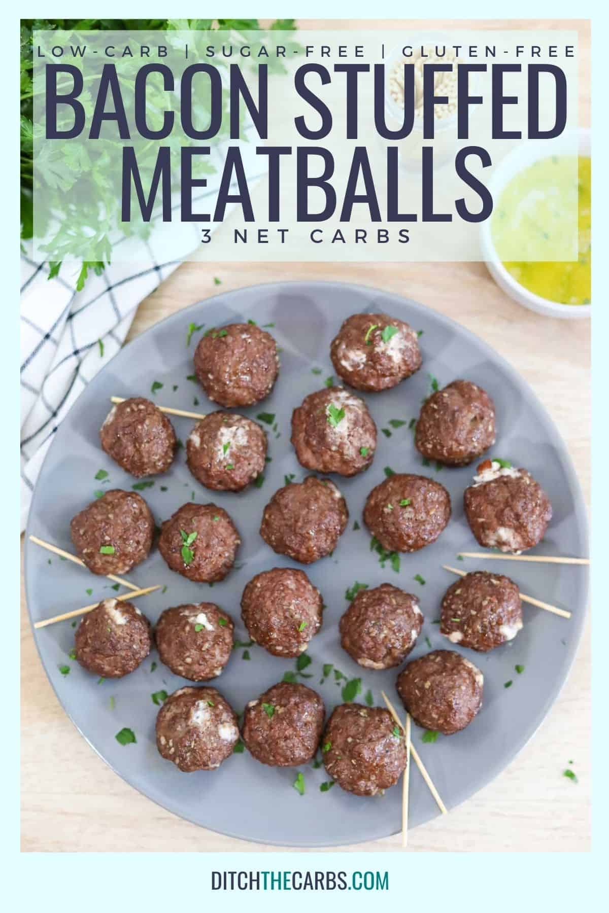 keto bacon meatballs on a grey platter