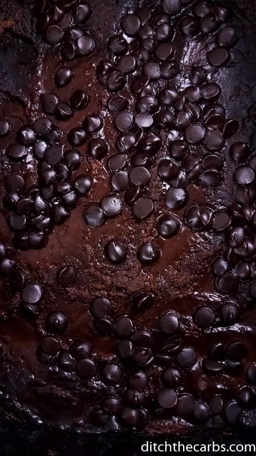 Sugar free chocolate chips sitting on top of the chocolate lava cake in the slow cooker