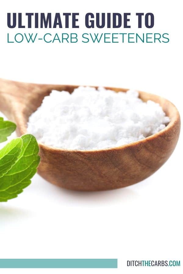Low-Carb Sweetener and a stevia leaf in a wooden spoon