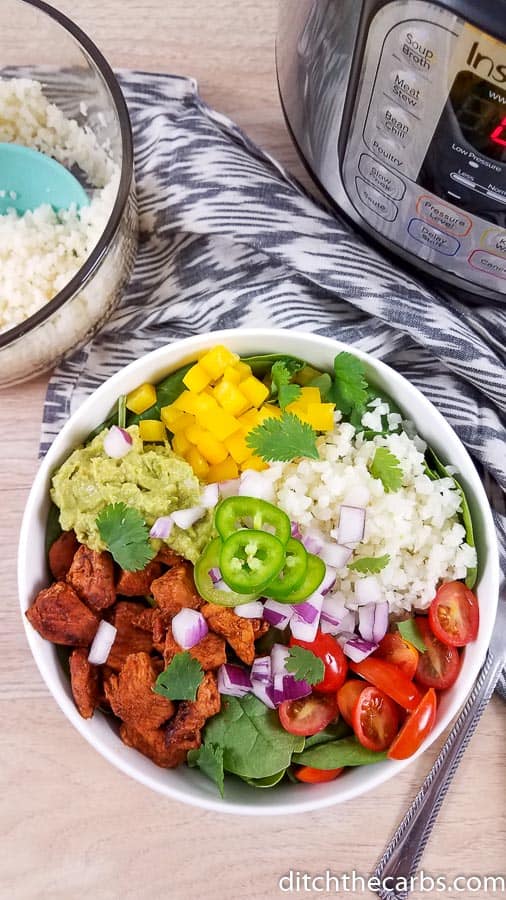 keto copycat recipes - Burrito bowl showing the Instant Pot to indicate the cooking method