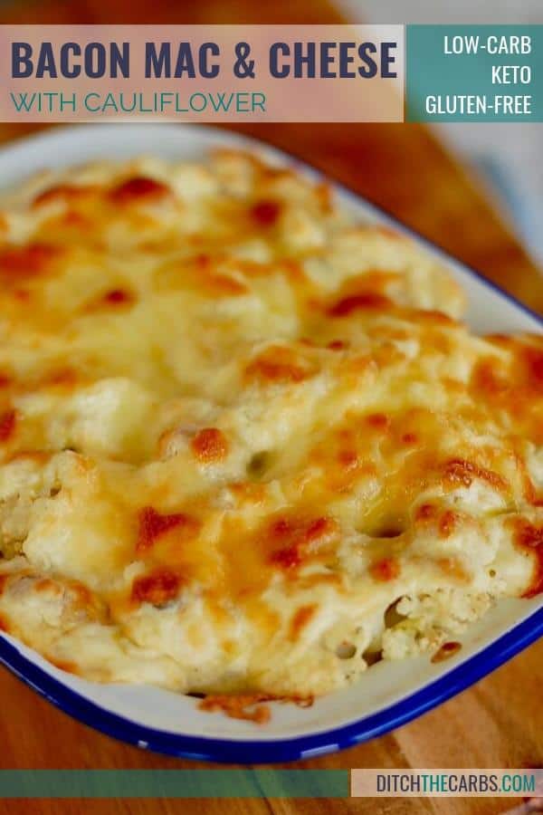 Creamy Cauliflower Bacon Mac And Cheese served in a white and blue casserole dish