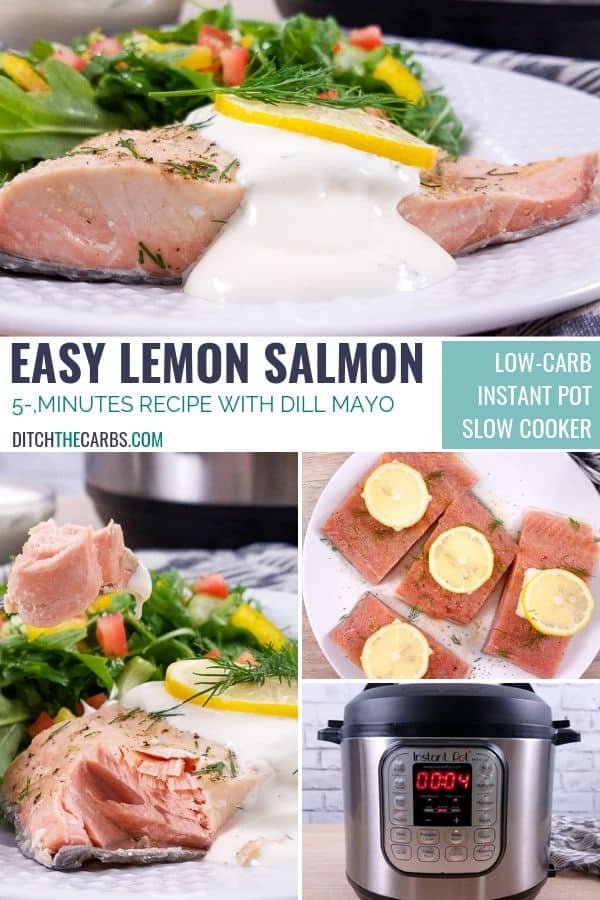 Photo collage of slow cooker poached salmon
